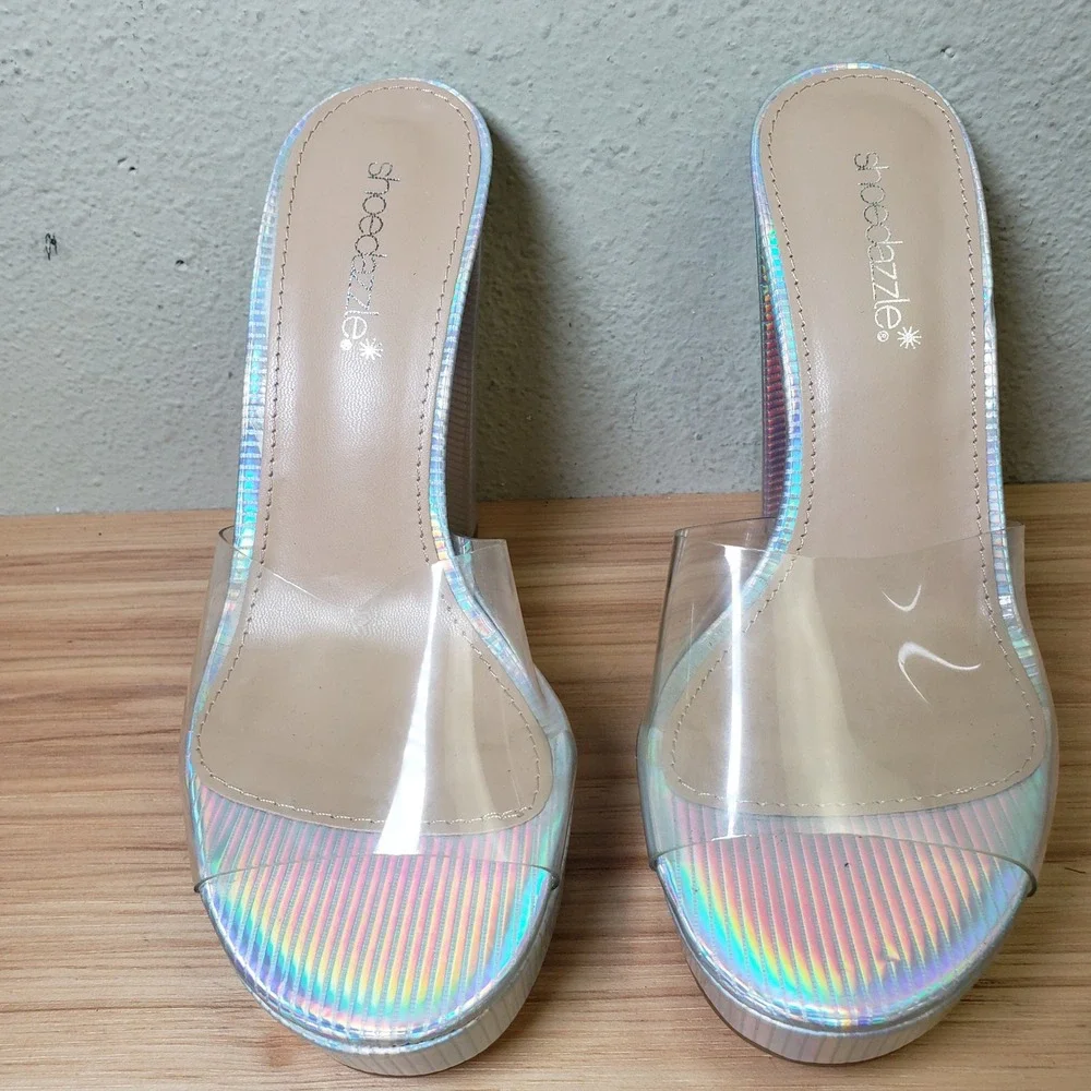 Shoe Dazzle Silver Holographic Platform Block Heels Clear Strap Rave Dancer Sz 8